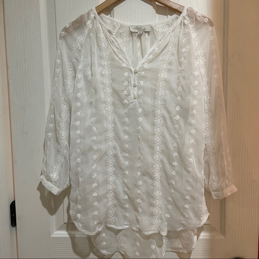 Olive & Oak White Sheer Embroidered Blouse White Sheer Top Summer Small